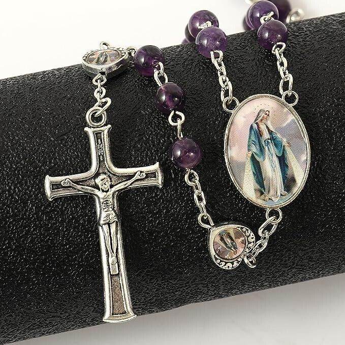 Rosary Necklace with Amethyst Stone Beads and Miraculous Epoxy Heart Metal Beads - Nazareth Store
