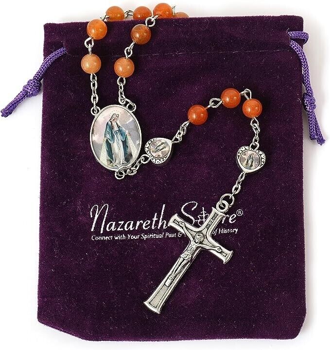 Red Aventurine Beads with Miraculous Epoxy Heart Metal Beads Rosary Necklace Nazareth Store