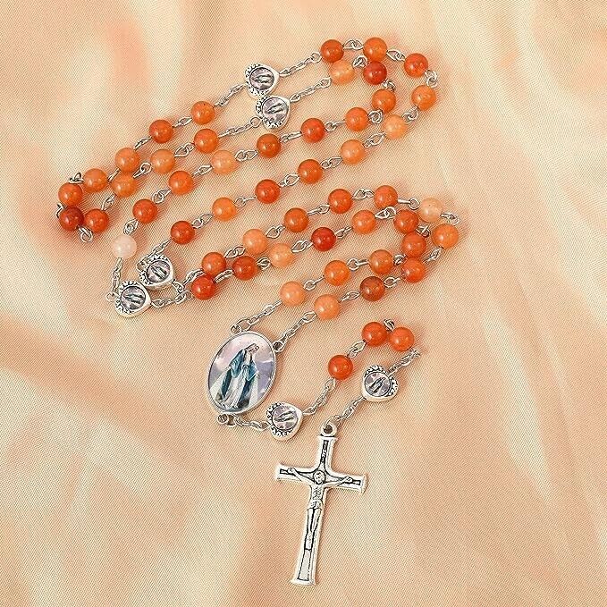 Red Aventurine Beads with Miraculous Epoxy Heart Metal Beads Rosary Necklace Nazareth Store