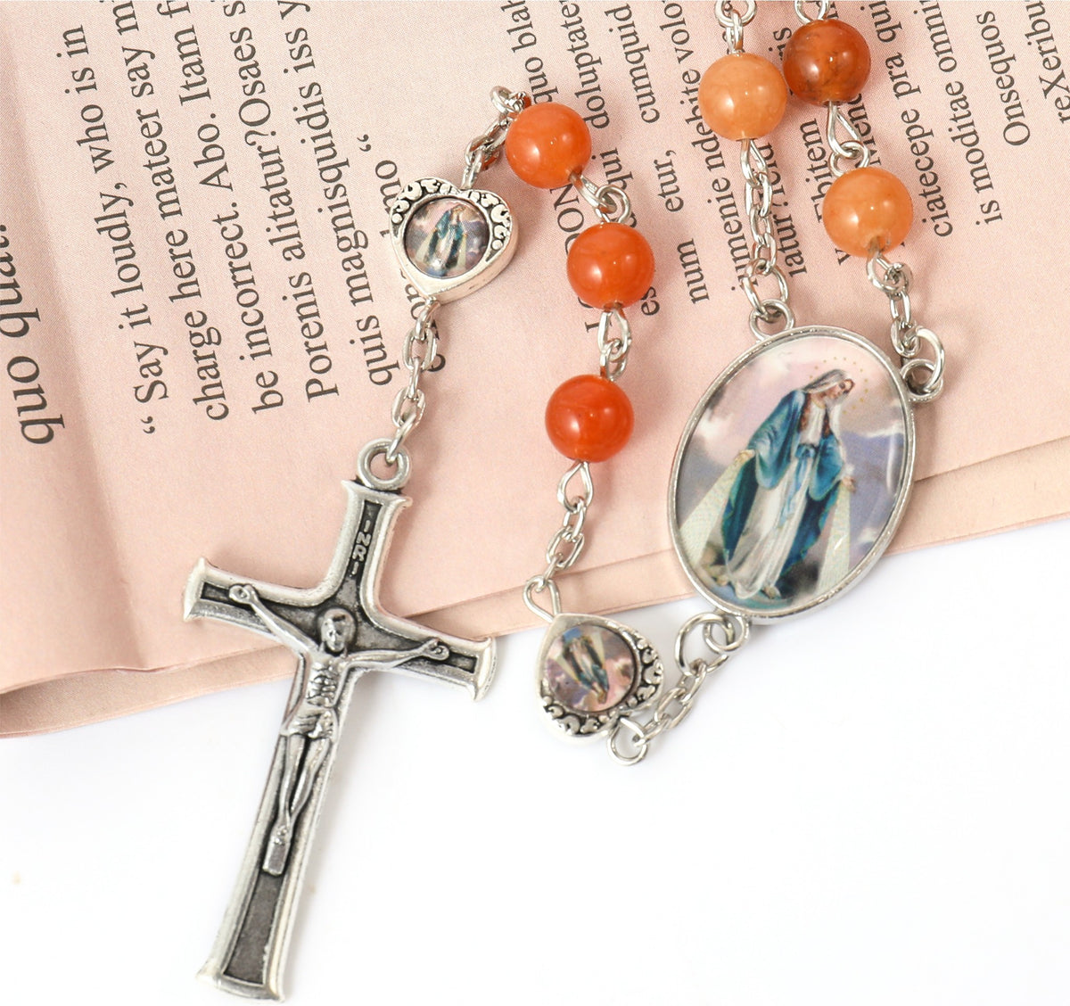 Rosary Necklace with Red Aventurine Beads and Miraculous Epoxy Heart Metal Beads - Nazareth Store