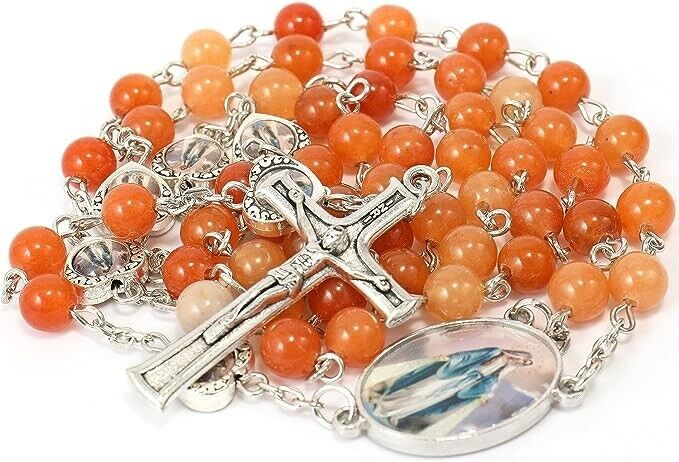 Red Aventurine Beads with Miraculous Epoxy Heart Metal Beads Rosary Necklace Nazareth Store