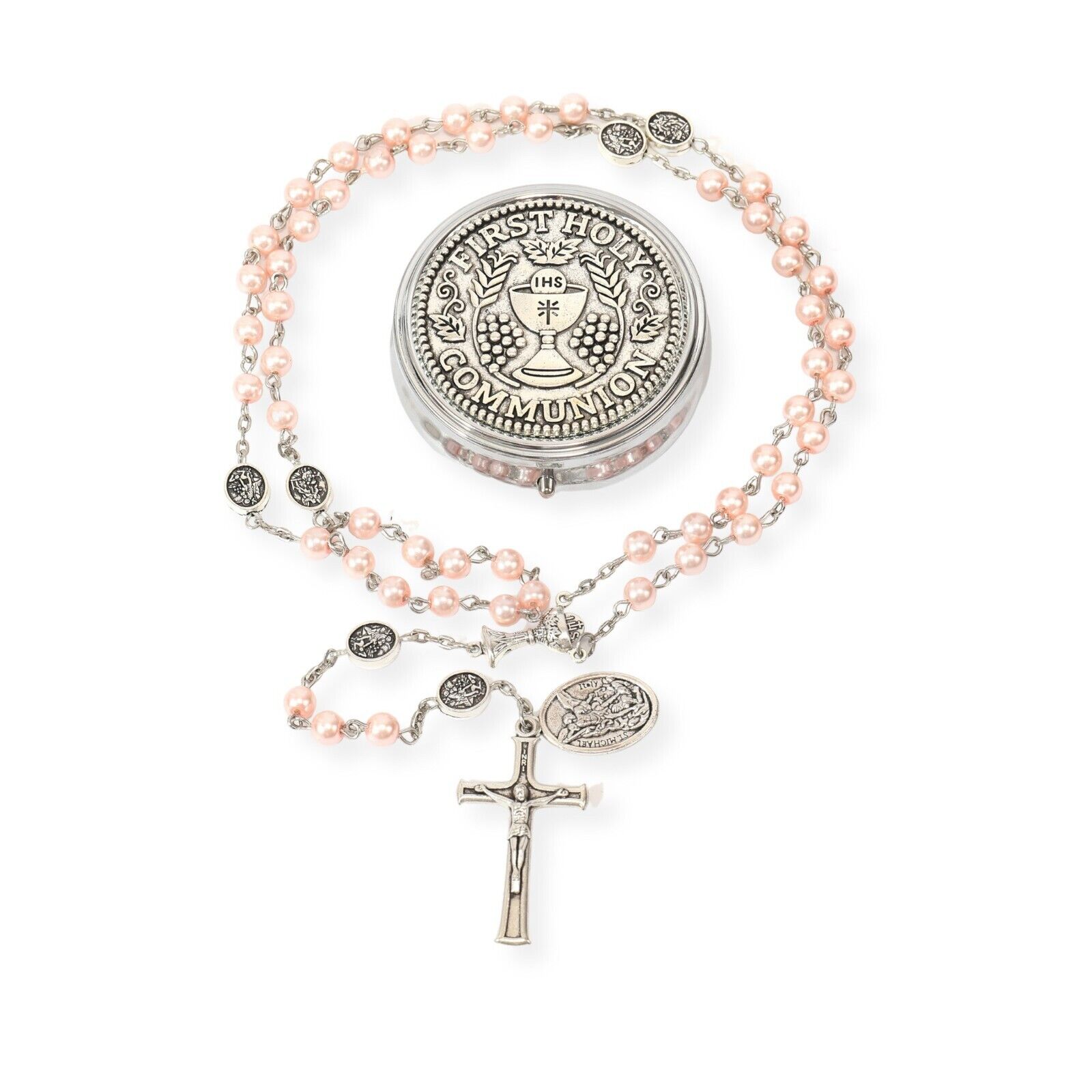 Pink Pearl Beads Communion Rosary 8mm Guardian Our Father Beads St.Micahel Medal Nazareth Store