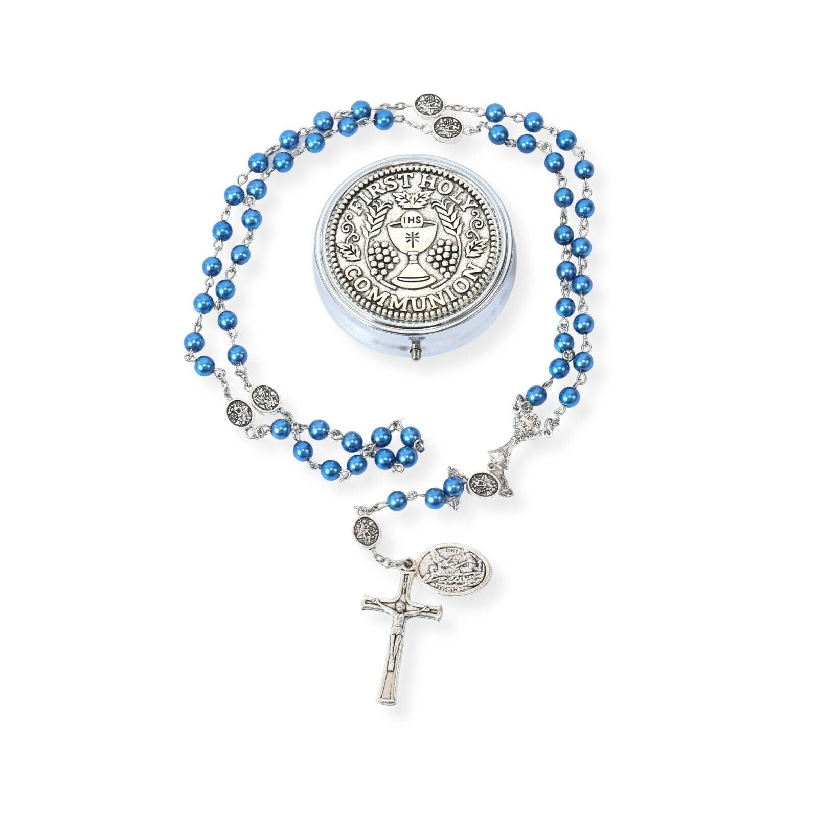 Blue Pearl Beads Communion Rosary 8mm Guardian Our Father Beads St.Micahel Medal Nazareth Store