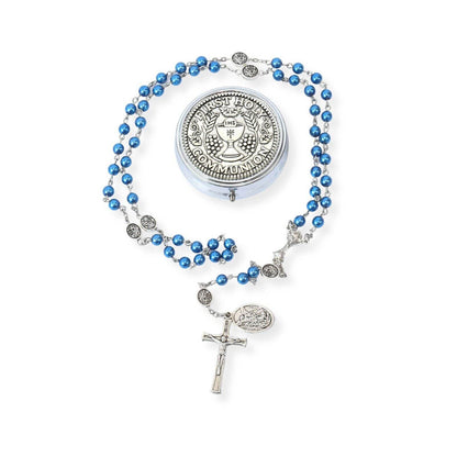 8mm Blue Pearl Communion Beads Rosary with St. Michael Medal - Nazareth Store
