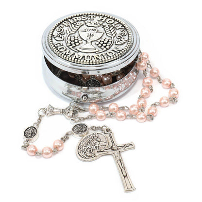 8mm Pink Pearl Communion Beads Rosary with St. Michael Medal - Nazareth Store