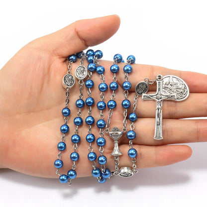 8mm Blue Pearl Communion Beads Rosary with St. Michael Medal - Nazareth Store
