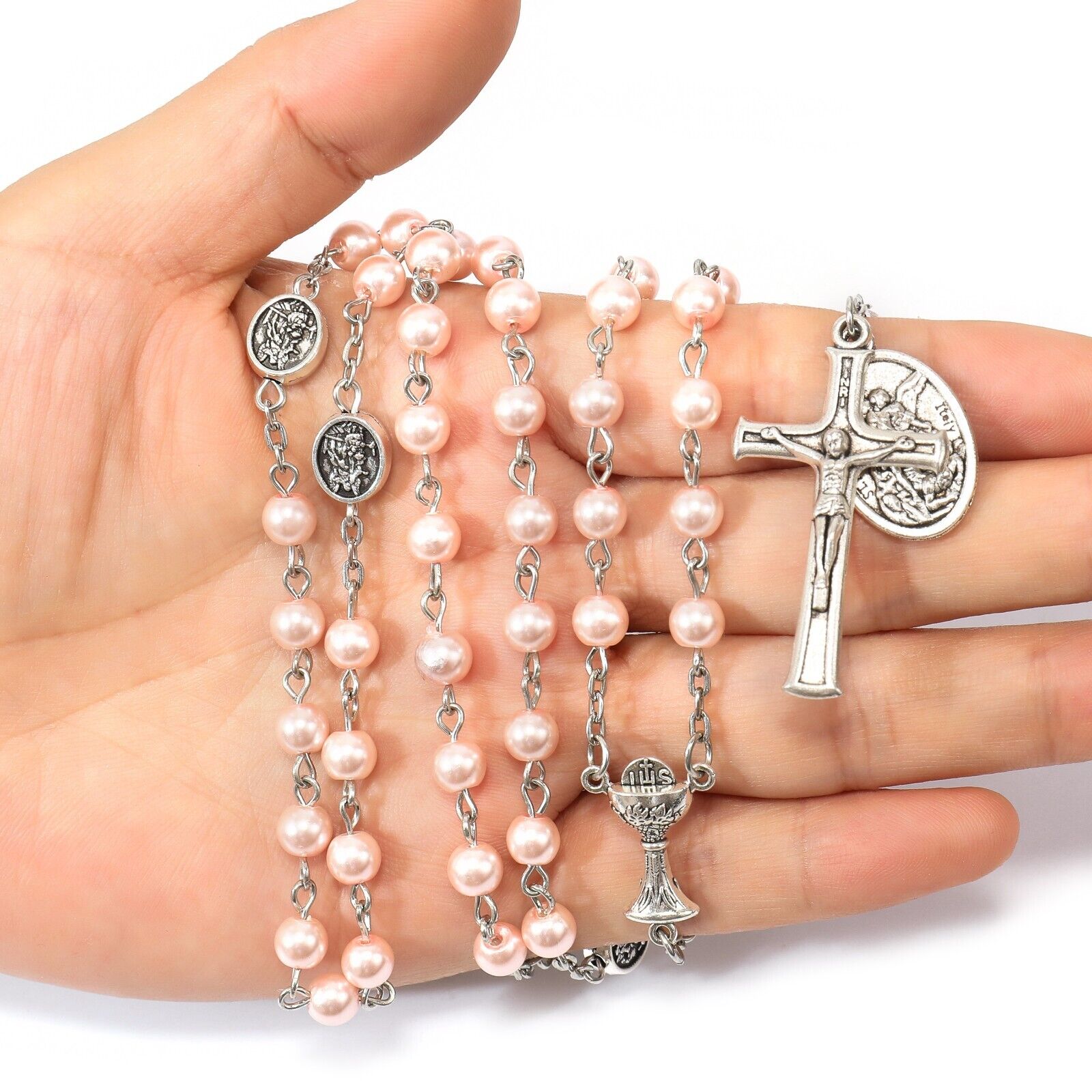 Pink Pearl Beads Communion Rosary 8mm Guardian Our Father Beads St.Micahel Medal Nazareth Store