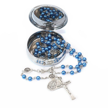 8mm Blue Pearl Communion Beads Rosary with St. Michael Medal - Nazareth Store