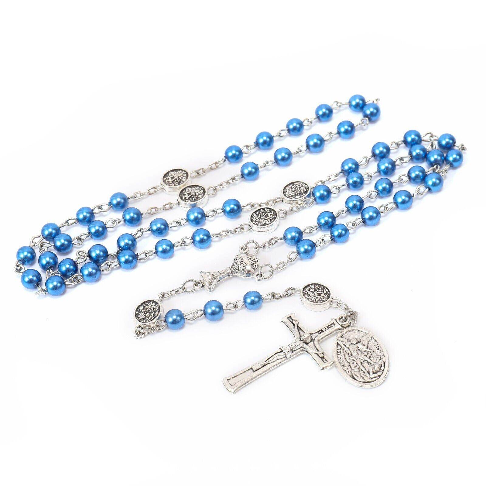 8mm Blue Pearl Communion Beads Rosary with St. Michael Medal - Nazareth Store