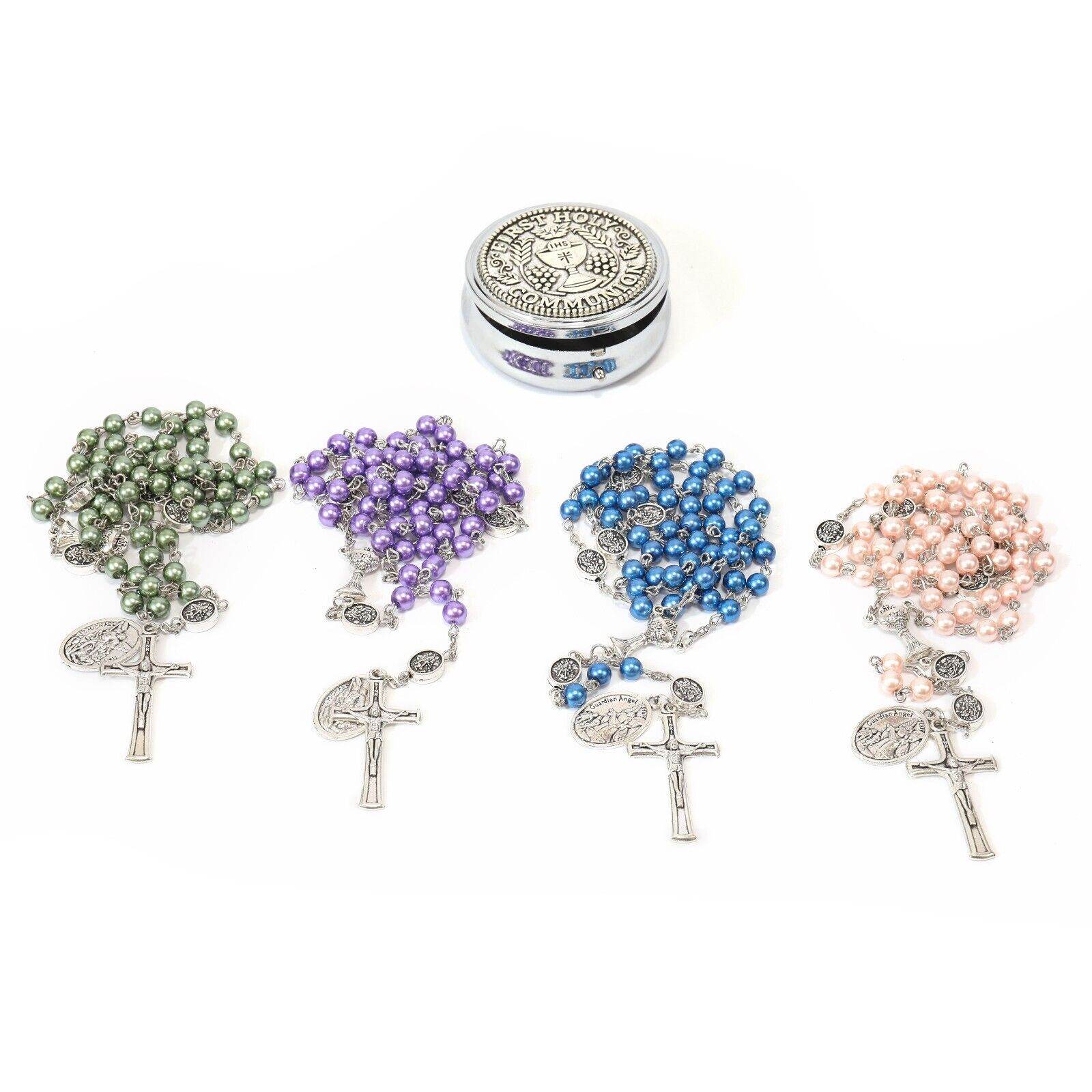 Purple Pearl Beads Communion Rosary Guardian Our Father Beads St.Micahel Medal - Nazareth Store