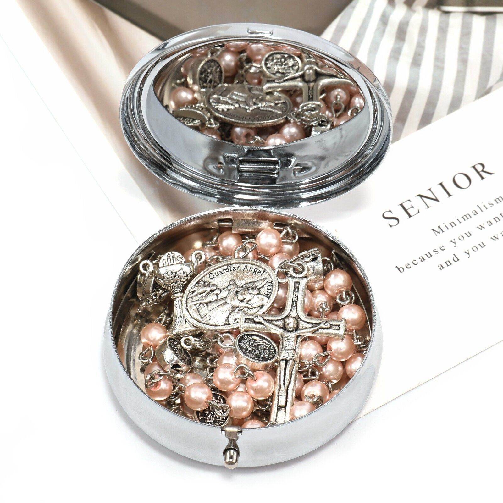 8mm Pink Pearl Communion Beads Rosary with St. Michael Medal - Nazareth Store