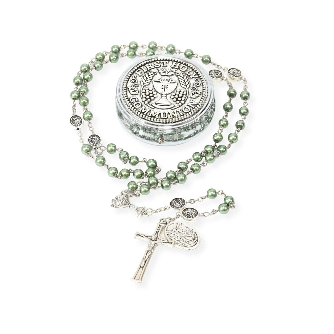 Green Pearl Beads Communion Rosary Guardian Our Father Beads St.Micahel Medal Nazareth Store