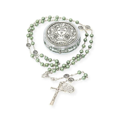 Green Pearl Communion Rosary Guardian Our Father Beads and St. Michael Medal - Nazareth Store