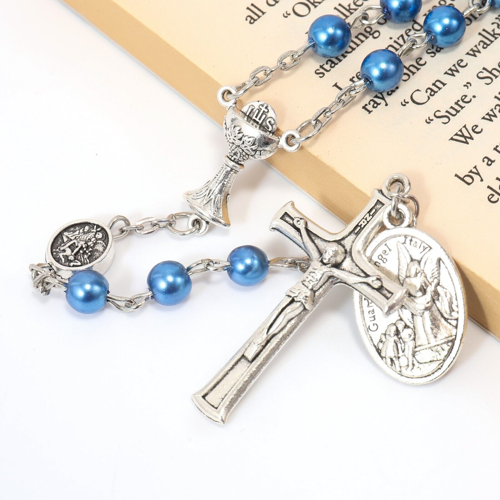 Blue Pearl Beads Communion Rosary 8mm Guardian Our Father Beads St.Micahel Medal Nazareth Store