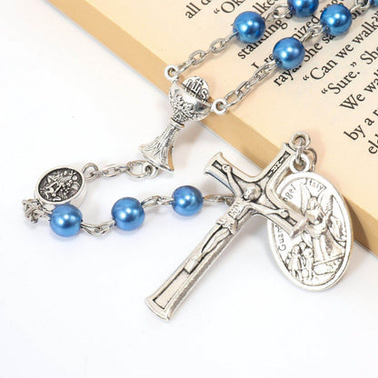 8mm Blue Pearl Communion Beads Rosary with St. Michael Medal - Nazareth Store