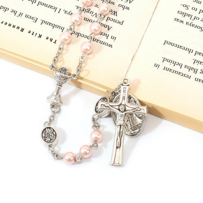 8mm Pink Pearl Communion Beads Rosary with St. Michael Medal - Nazareth Store