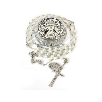 White Pearl Communion Rosary with Guardian Our Father Beads and St. Michael Medal - Nazareth Store