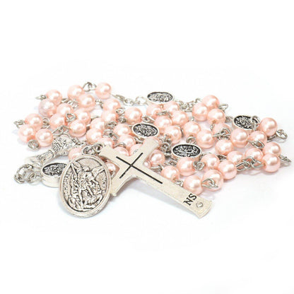 8mm Pink Pearl Communion Beads Rosary with St. Michael Medal - Nazareth Store
