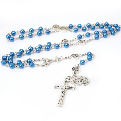 8mm Blue Pearl Communion Beads Rosary with St. Michael Medal - Nazareth Store