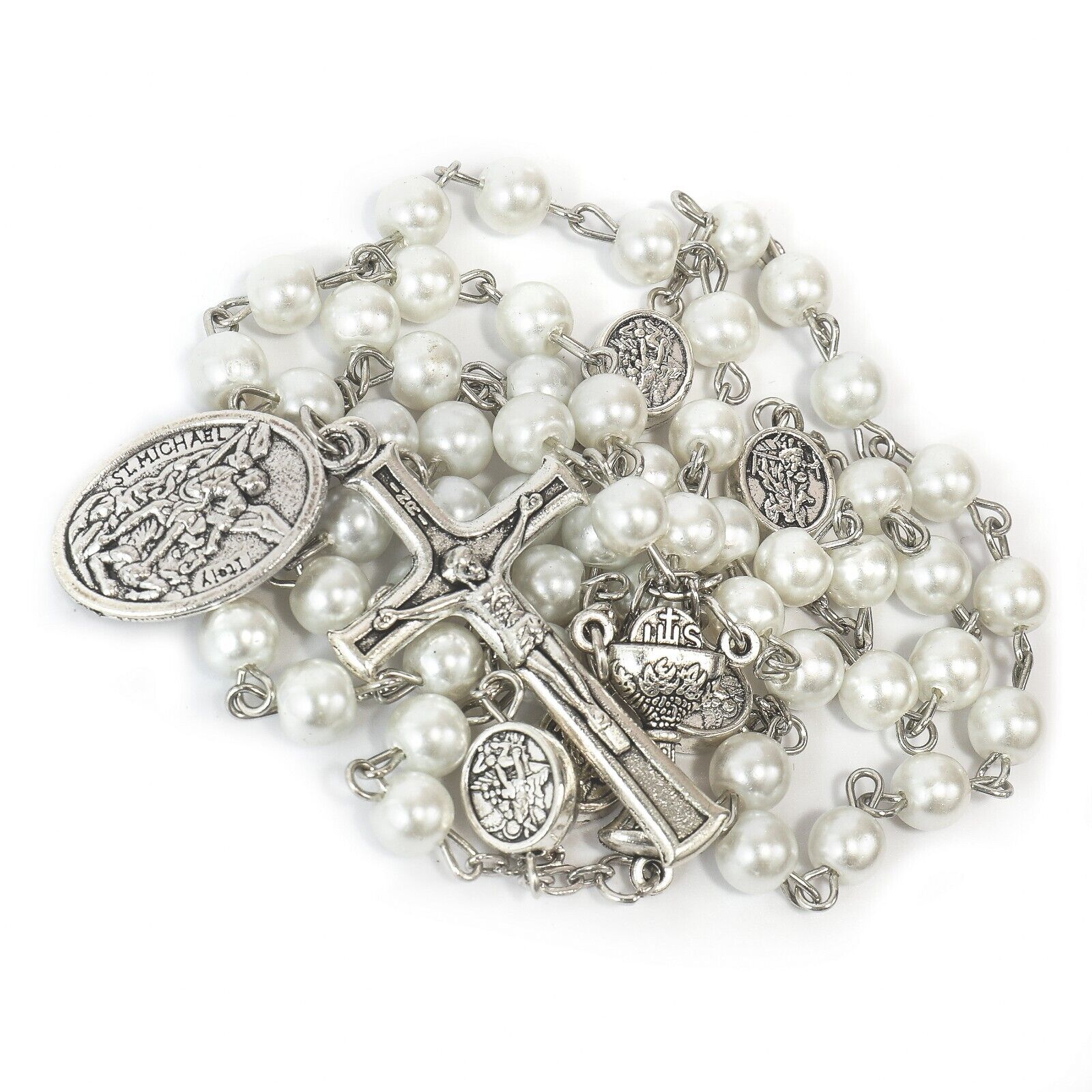 White Pearl Beads Communion Rosary Guardian Our Father Beads St.Michael Medal Nazareth Store