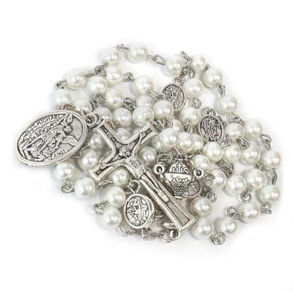 White Pearl Communion Rosary with Guardian Our Father Beads and St. Michael Medal - Nazareth Store