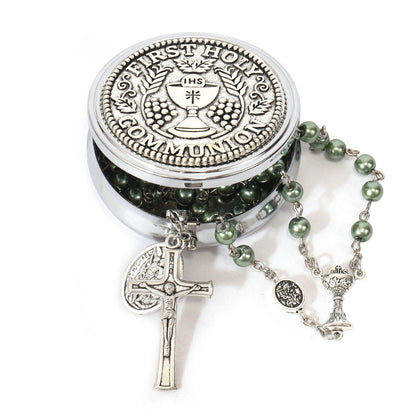 Green Pearl Communion Rosary Guardian Our Father Beads and St. Michael Medal - Nazareth Store