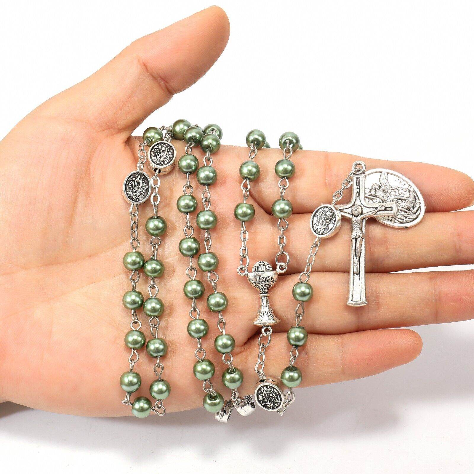 Green Pearl Communion Rosary Guardian Our Father Beads and St. Michael Medal - Nazareth Store