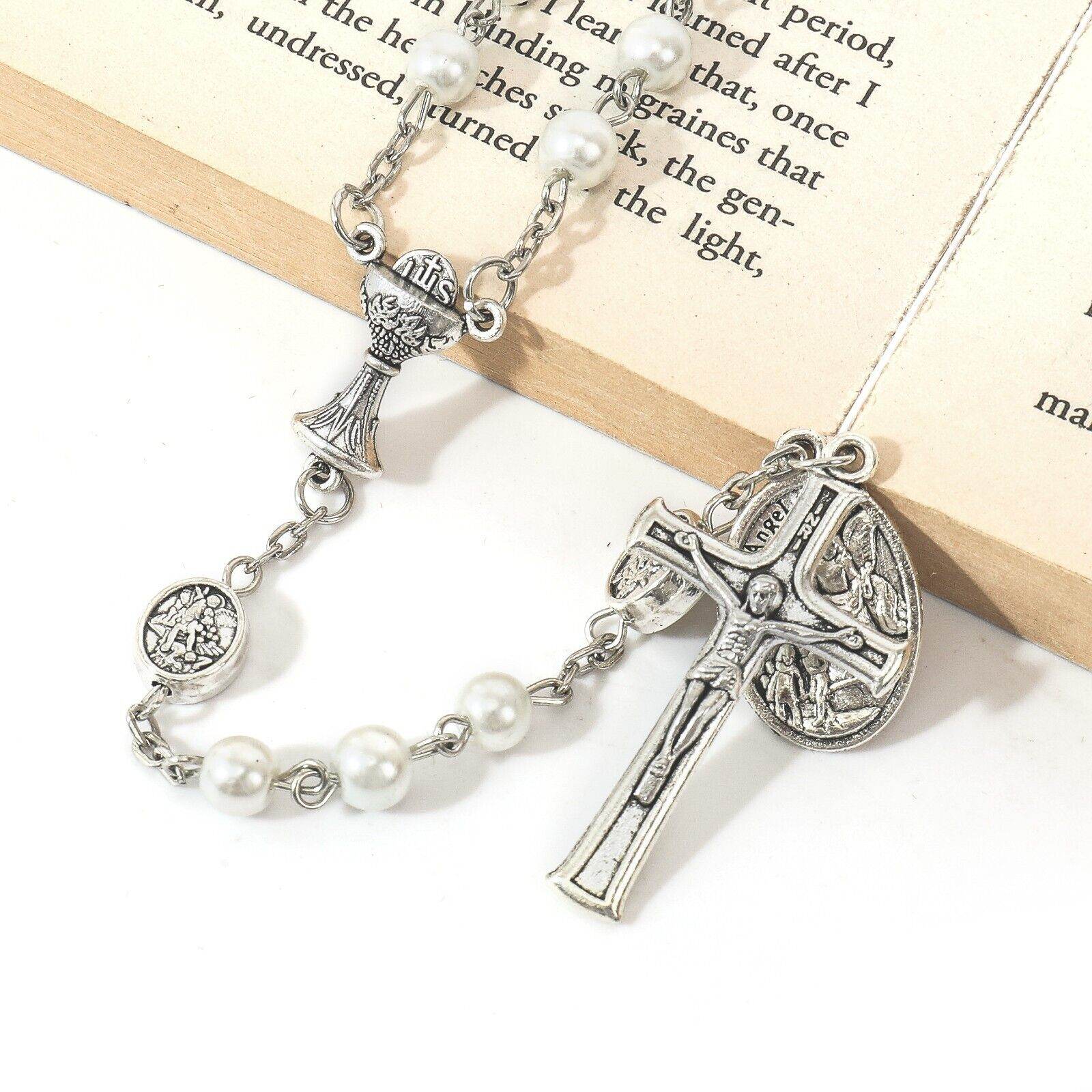 White Pearl Communion Rosary with Guardian Our Father Beads and St. Michael Medal - Nazareth Store