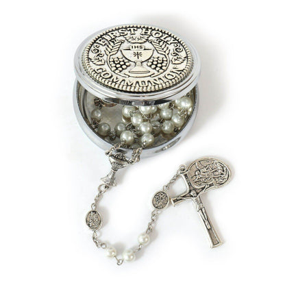 White Pearl Communion Rosary with Guardian Our Father Beads and St. Michael Medal - Nazareth Store