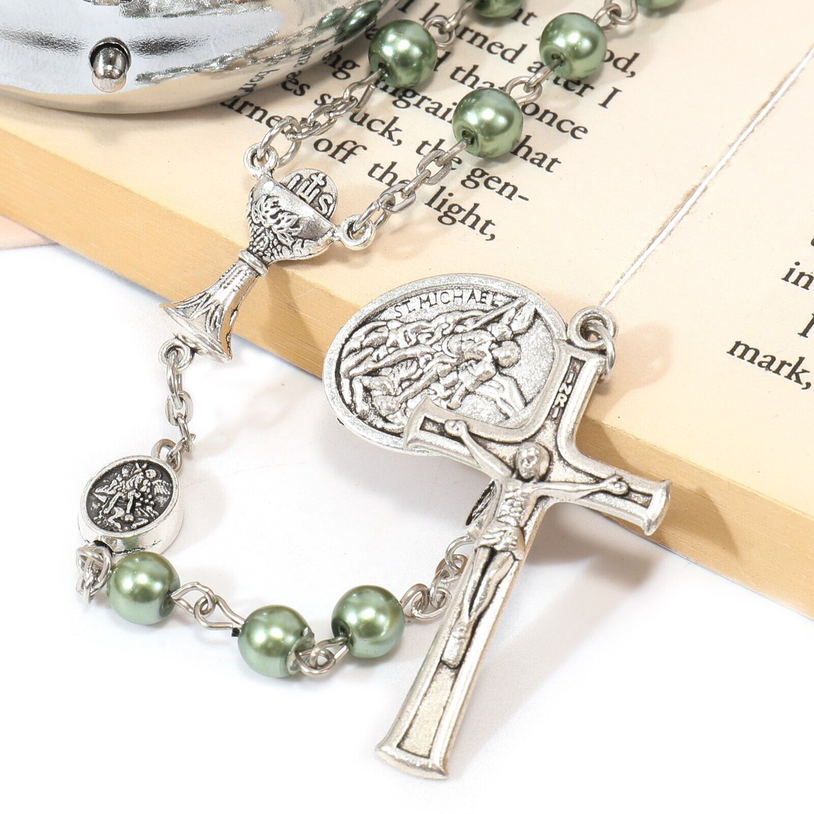 Green Pearl Beads Communion Rosary Guardian Our Father Beads St.Micahel Medal Nazareth Store