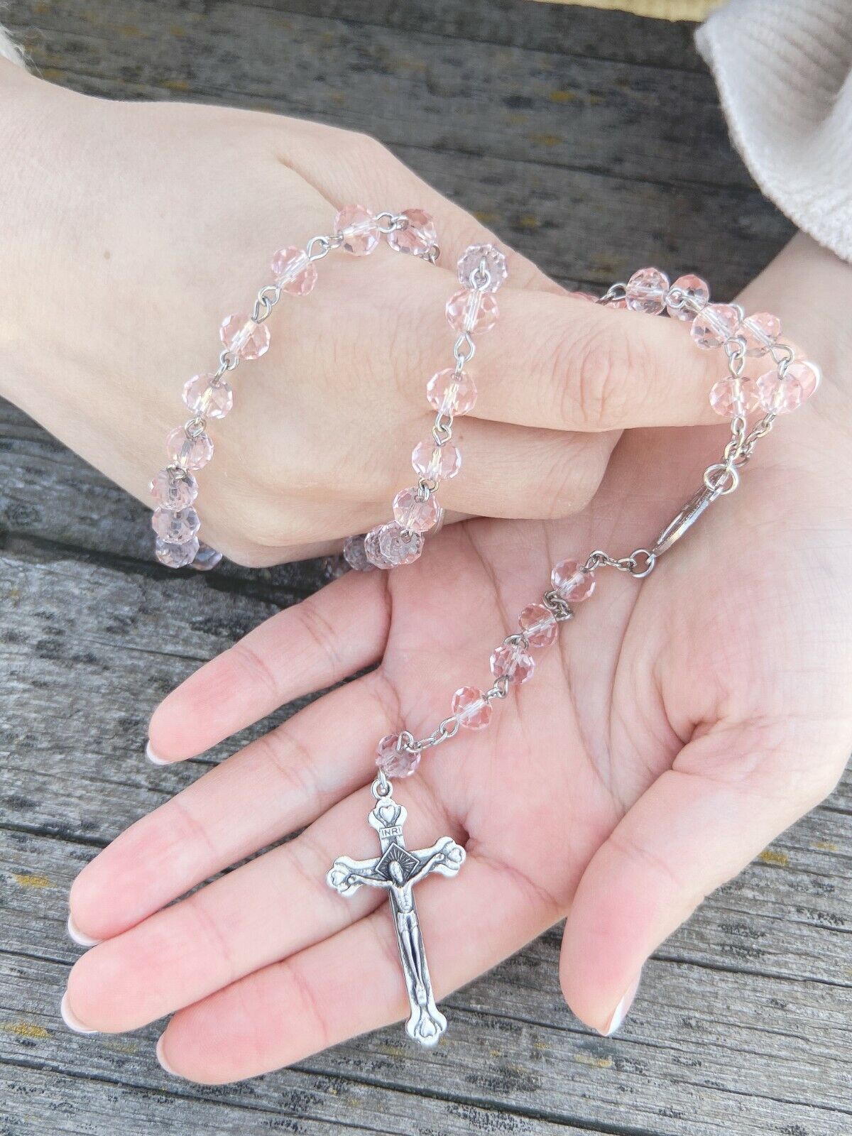 Pink Crystals Beads Rosary Necklace Miraculous Medal & Cross Crucifix 20" Nazareth Store