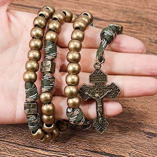 Bronze Beads Paracord Rosary Military Olive Khaki Cord with St Michael Medal & Pardon Crucifix - Nazareth Store