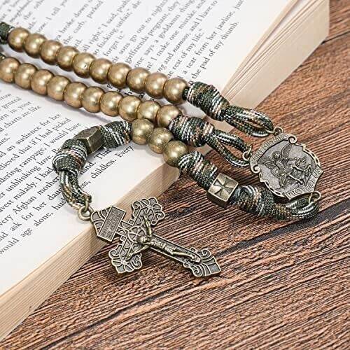 Bronze Beads Paracord Rosary Military Olive Khaki Cord with St Michael Medal & Pardon Crucifix - Nazareth Store