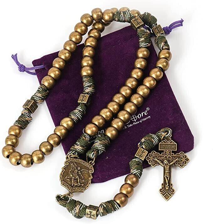 Bronze Beads Paracord Rosary Military Olive Khaki Cord with St Michael Medal & Pardon Crucifix - Nazareth Store