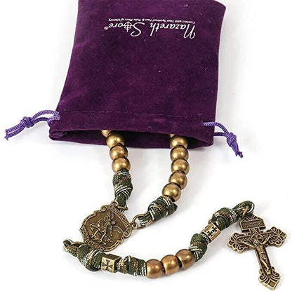Bronze Beads Paracord Rosary Military Olive Khaki Cord with St Michael Medal & Pardon Crucifix - Nazareth Store