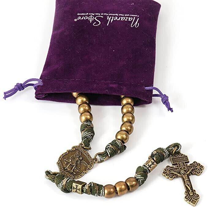 Bronze Beads Paracord Rosary Military Olive Khaki Cord with St Michael Medal & Pardon Crucifix - Nazareth Store