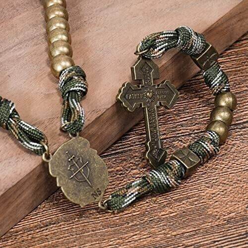 Bronze Beads Paracord Rosary Military Olive Khaki Cord with St Michael Medal & Pardon Crucifix - Nazareth Store
