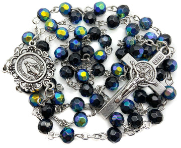 Nazareth Store Saint Benedict Rosary Necklace Deep Blue With Sheen Crystal Beads, Silver Miraculous Medal and Cross NR - Velvet Bag Nazareth Store