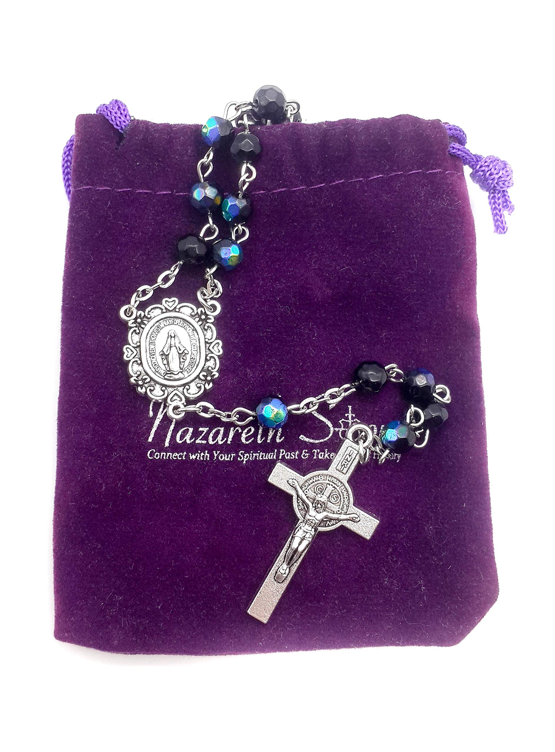 Nazareth Store Saint Benedict Rosary Necklace Deep Blue With Sheen Crystal Beads, Silver Miraculous Medal and Cross NR - Velvet Bag Nazareth Store