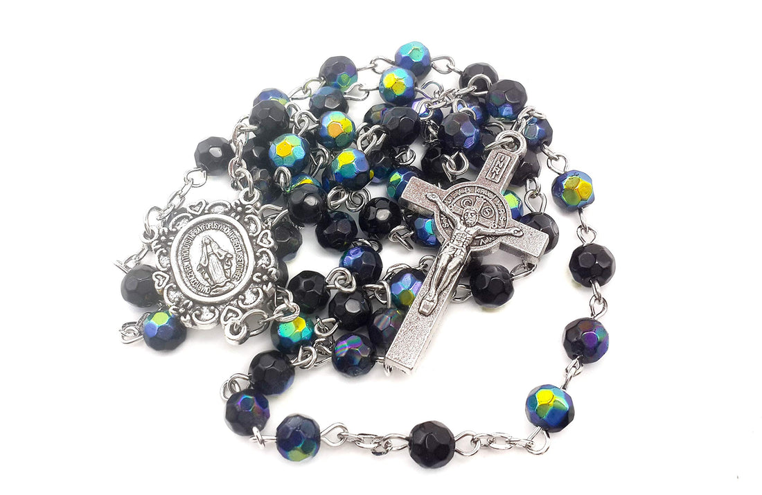 Blue Crystal Beads Saint Benedict Rosary Necklace Miraculous Medal and Cross Nazareth Store