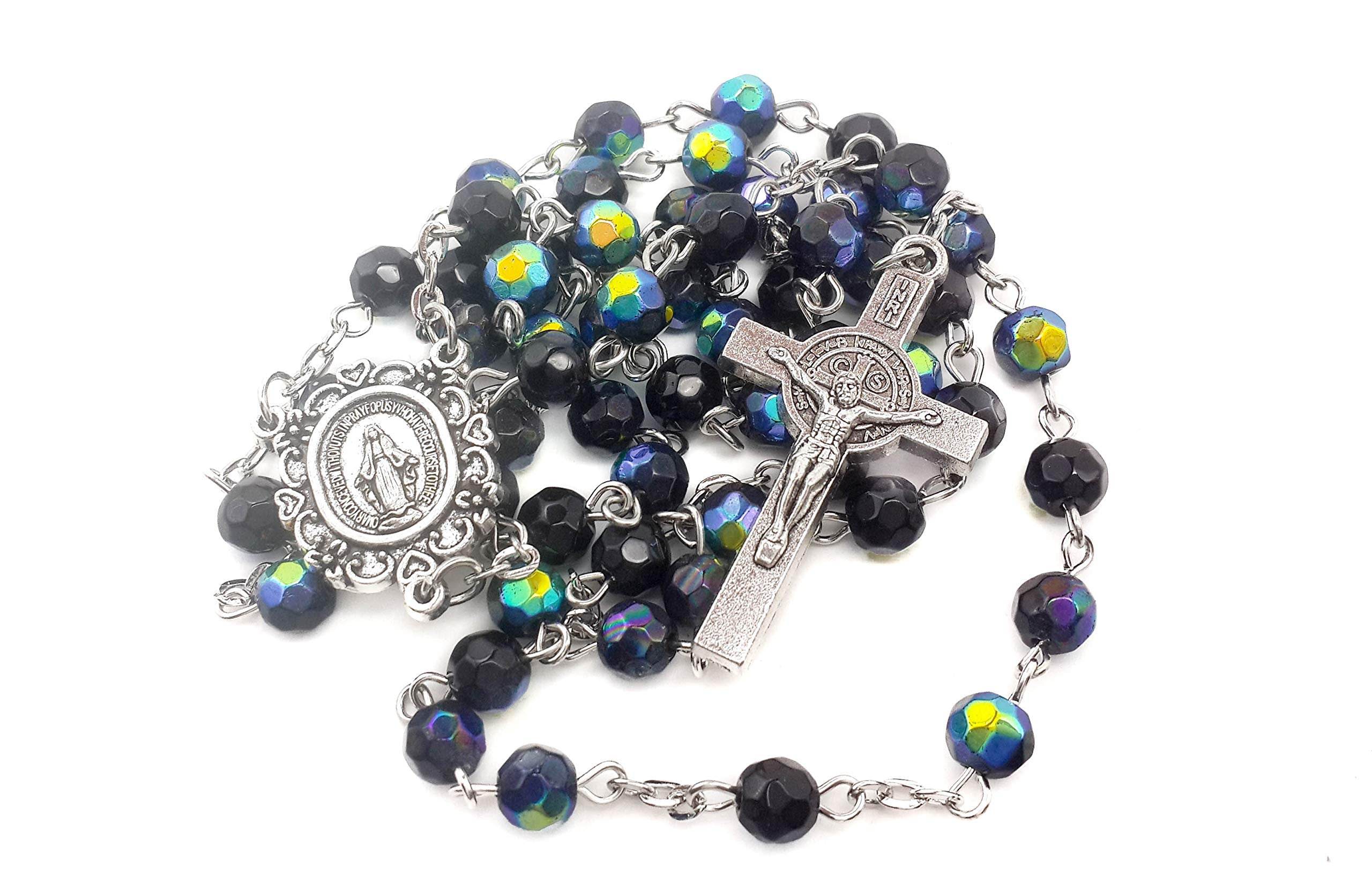 Blue Crystal Beads Saint Benedict Rosary Necklace with Miraculous Medal and Cross - Nazareth Store