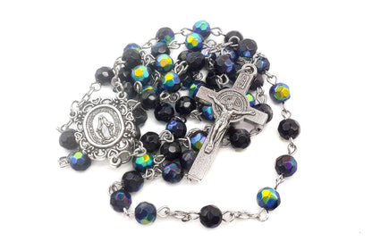 Blue Crystal Beads Saint Benedict Rosary Necklace with Miraculous Medal and Cross - Nazareth Store