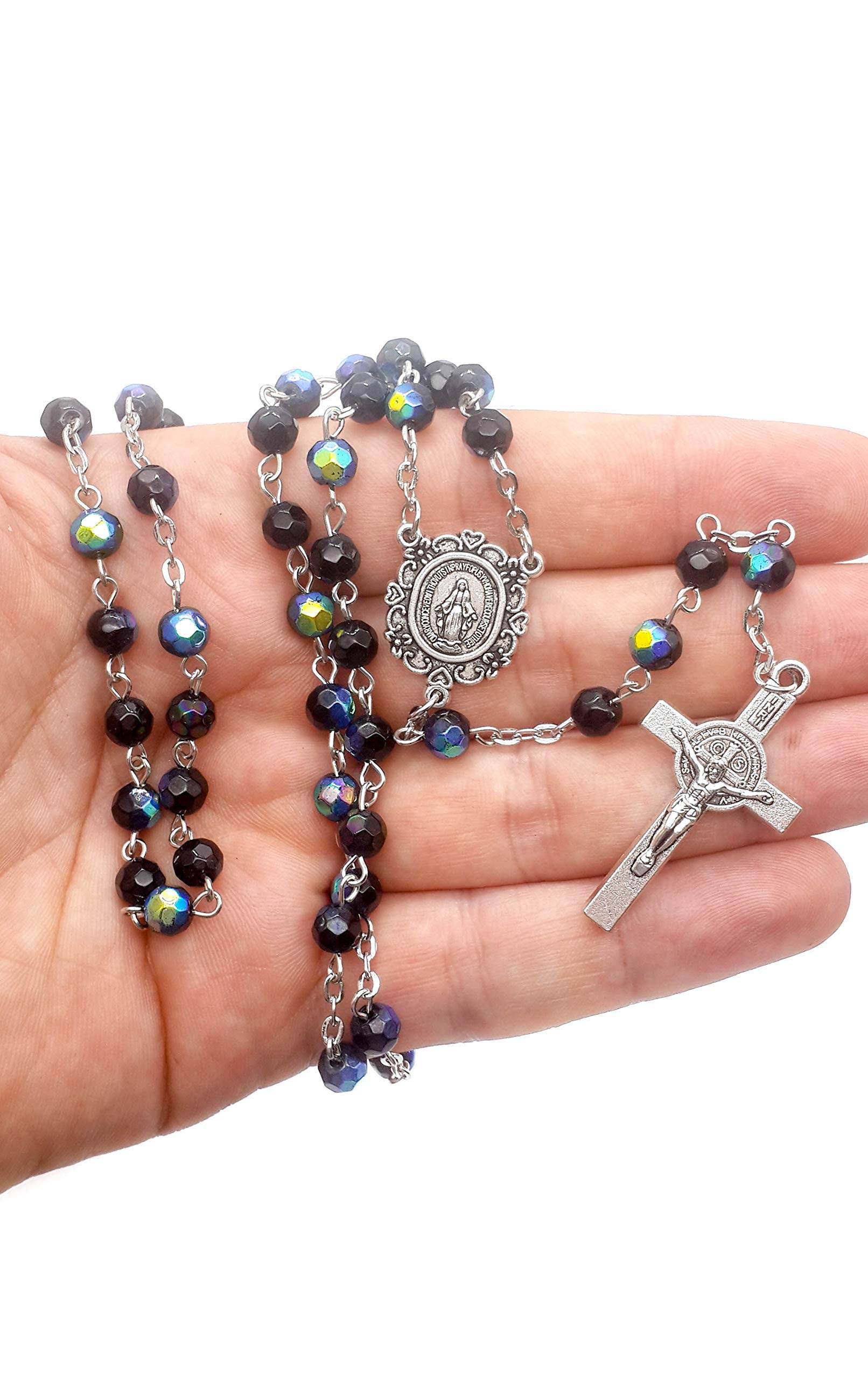 Blue Crystal Beads Saint Benedict Rosary Necklace with Miraculous Medal and Cross - Nazareth Store