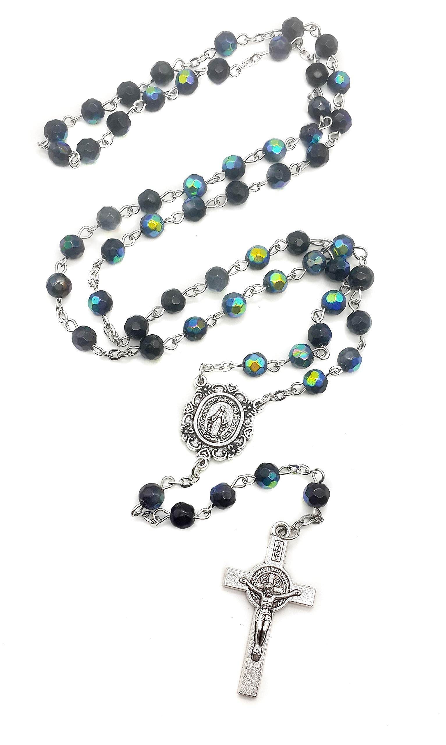 Blue Crystal Beads Saint Benedict Rosary Necklace with Miraculous Medal and Cross - Nazareth Store