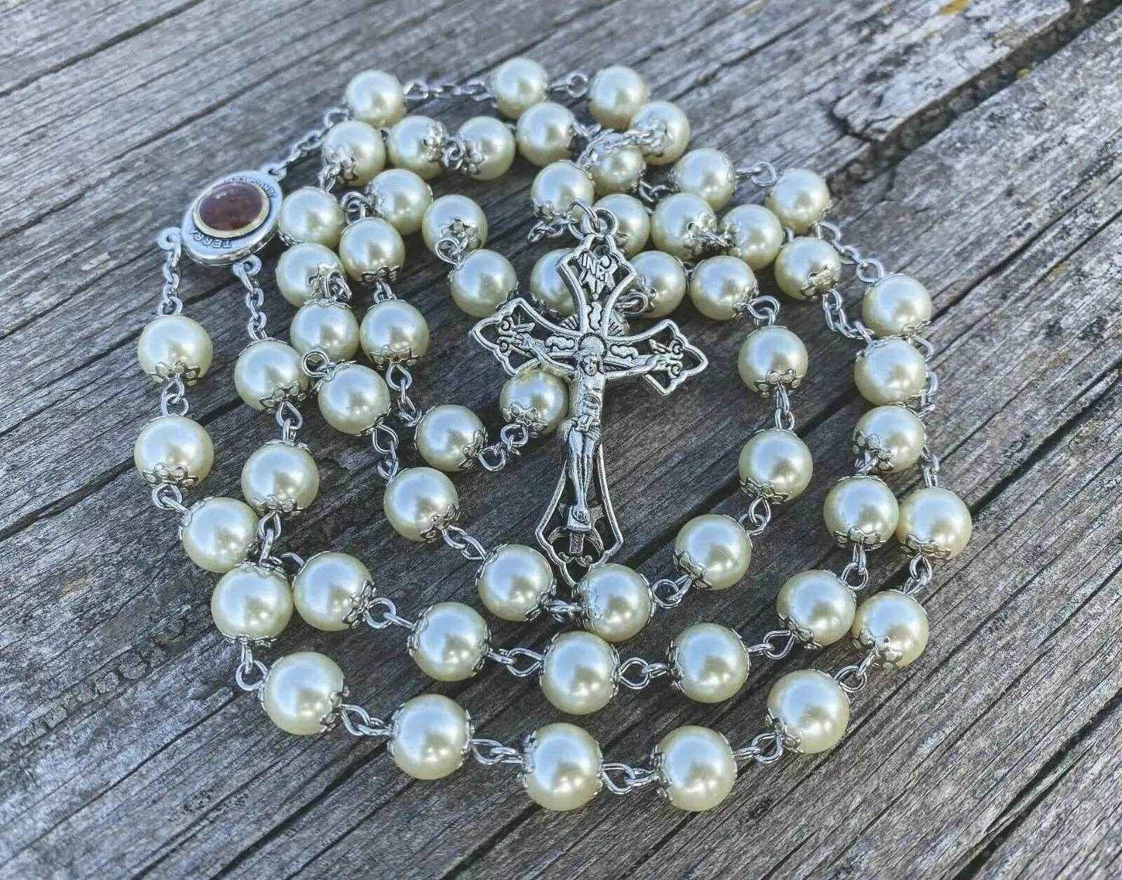 Cream Pearl 8mm Rosary Necklace with Holy Soil Medal & Cross Crucifix -  Nazareth Store