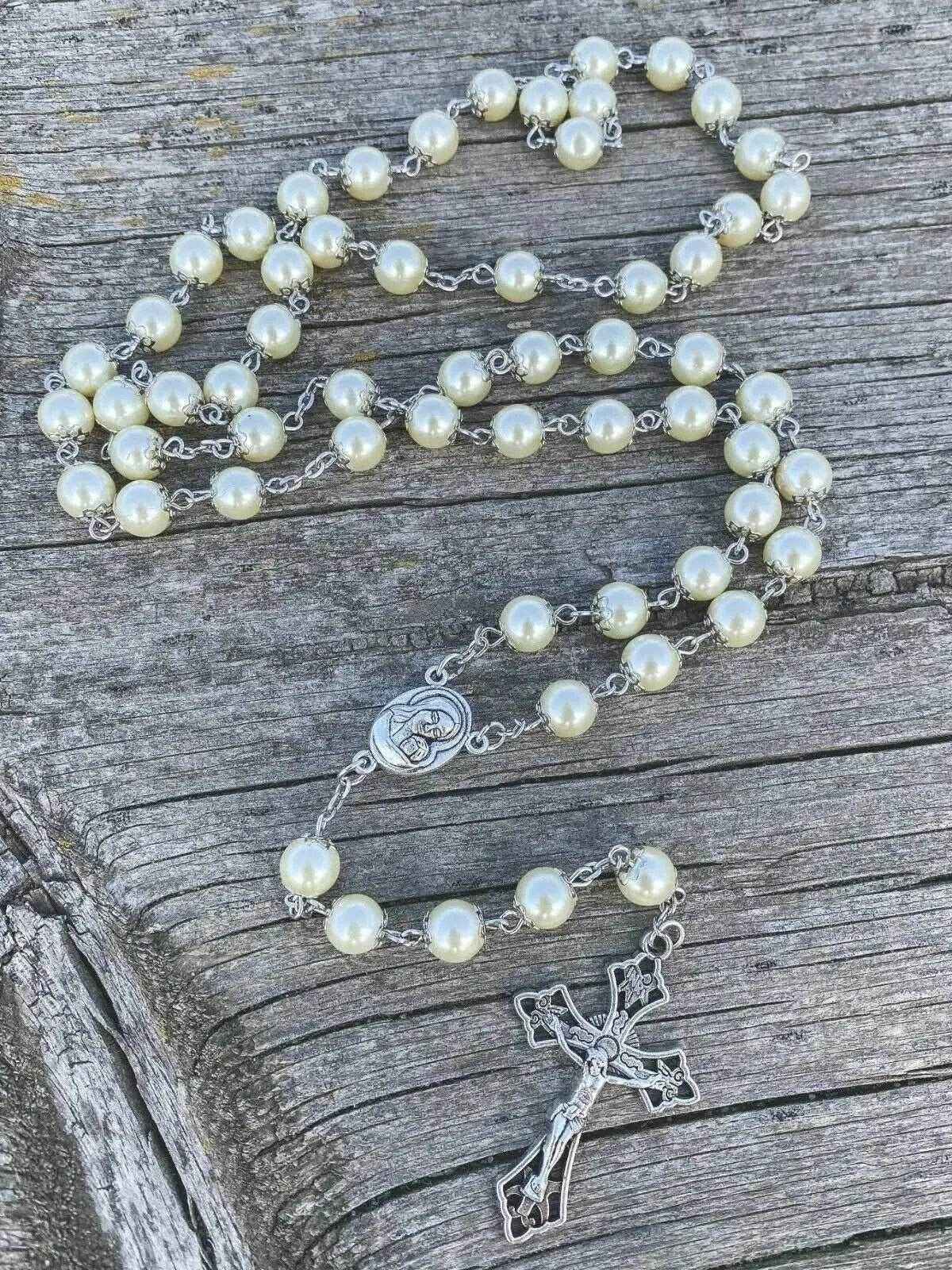 Cream Pearl 8mm Rosary Necklace with Holy Soil Medal & Cross Crucifix -  Nazareth Store