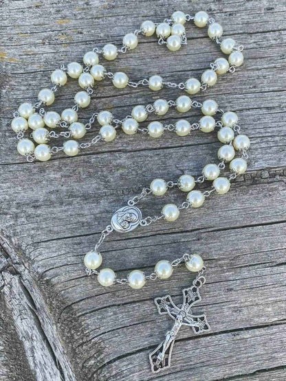 Cream Pearl 8mm Rosary Necklace with Holy Soil Medal & Cross Crucifix -  Nazareth Store