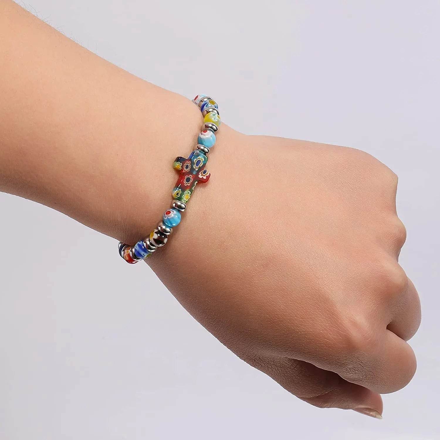 Agate Flowers Rosary Beads Cross Bracelet Bangle Handmade Christian Bracelet - Nazareth Store