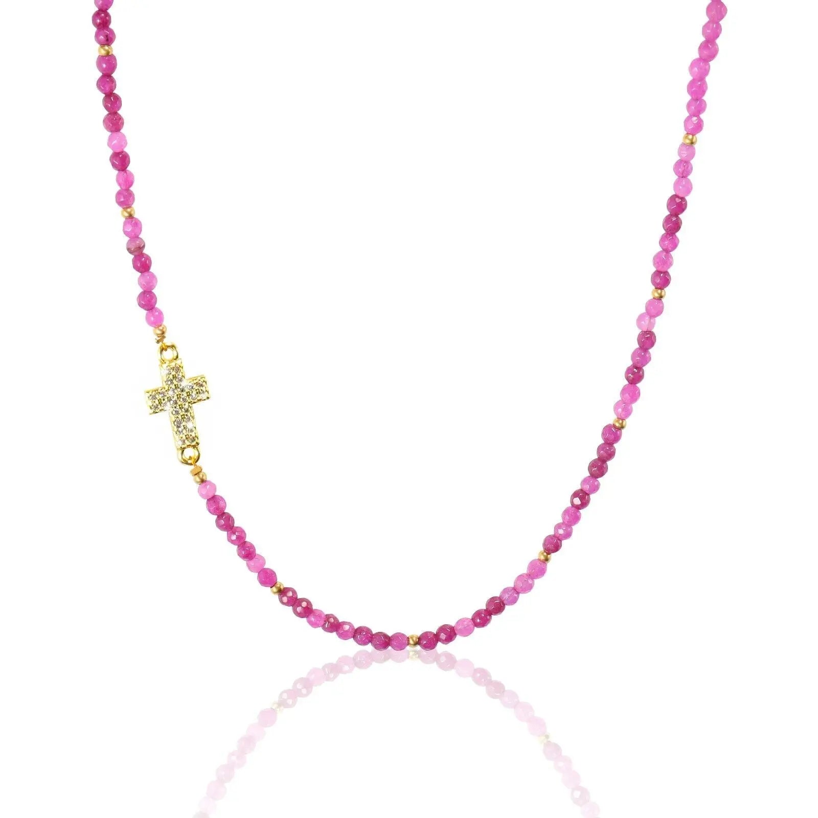 Amethyst Beads Gemstones 15" Women Necklace Choker with Cross Faith Necklace 