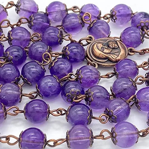 Amethyst Stone Beads Rosary Necklace Holy Soil Medal & Cross 